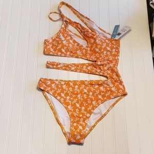 Cupshe Orange Floral Cut Out Bathing Suit